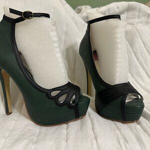 Pinup Couture Dark Green and Black Ankle Strap Heels
